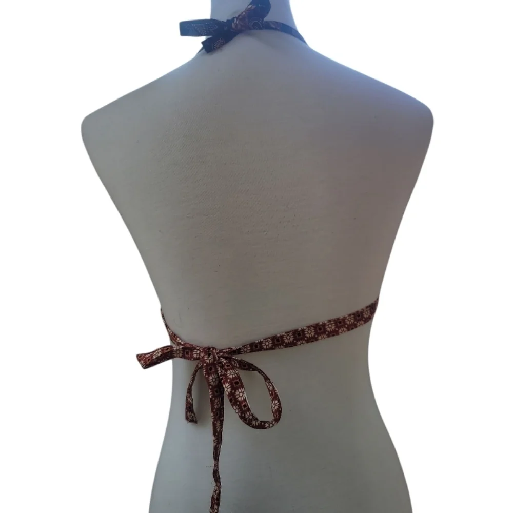 Vintage Floral Halter bikini Crop Top Navy blue rust cream orange small bohemian
